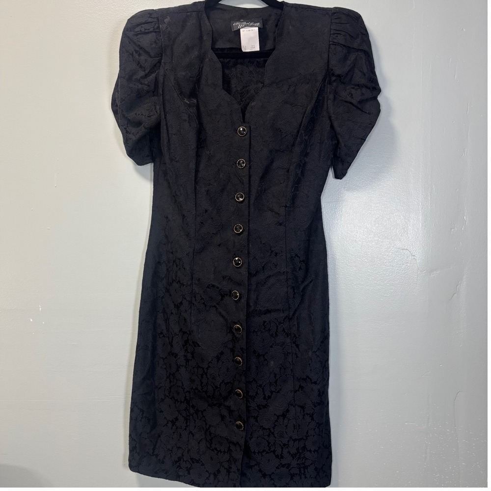 All That Jazz Vintage Black Rose Brocade Puff Sleeve Button Front Dress 5/6